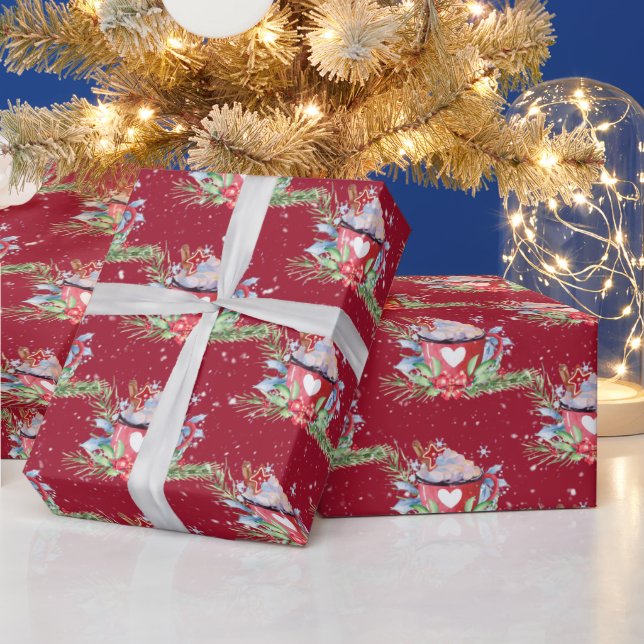 Papier Cadeau Noël Chocolat chaud et flocons de neige (Vacances)