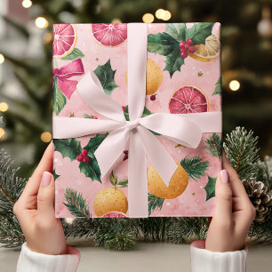 Papier Cadeau Noël Citron Rose Aquarelle 