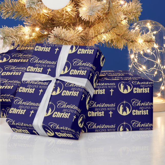 Papier Cadeau Noël commence avec le Christ en bleu (Vacances)