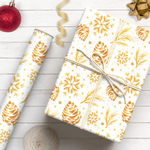 Papier Cadeau Noël Cône de Pin Or Rustique
