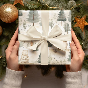 Papier Cadeau Noël cosy : Ours d'aquarelle beige et blanc
