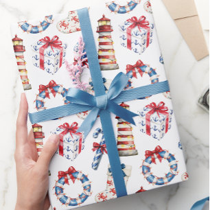 Papier Cadeau Noël côtier Bleu et Rouge Nautique