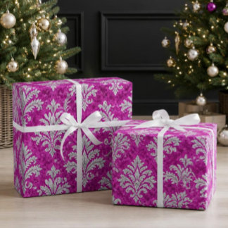 Papier Cadeau Noël damas rose et blanc victorien