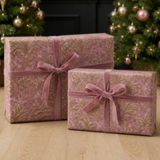Papier Cadeau Noël Damassé Luxueux Rose Poussiéreux Velours & Or