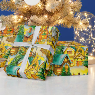 Papier Cadeau Noël dans Whimsical Village Motif aquarelle