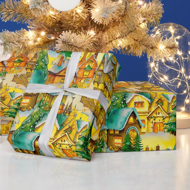 Papier Cadeau Noël dans Whimsical Village Motif aquarelle (Vacances)