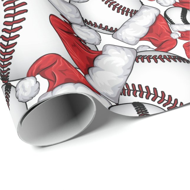Papier Cadeau Noël de baseball avec chapeaux de Père Noël (Coin rond)