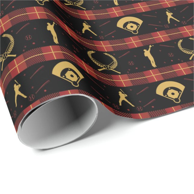 Papier Cadeau Noël de baseball - Motif Red Check (Coin rond)