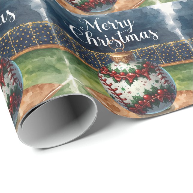 Papier Cadeau Noel de baseball sur le thème du stade (Coin rond)