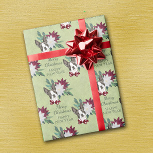 Papier Cadeau Noël de Boston Terrier Poinsettia