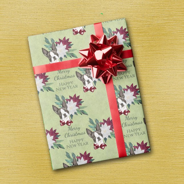 Papier Cadeau Noël de Boston Terrier Poinsettia (Créateur téléchargé)