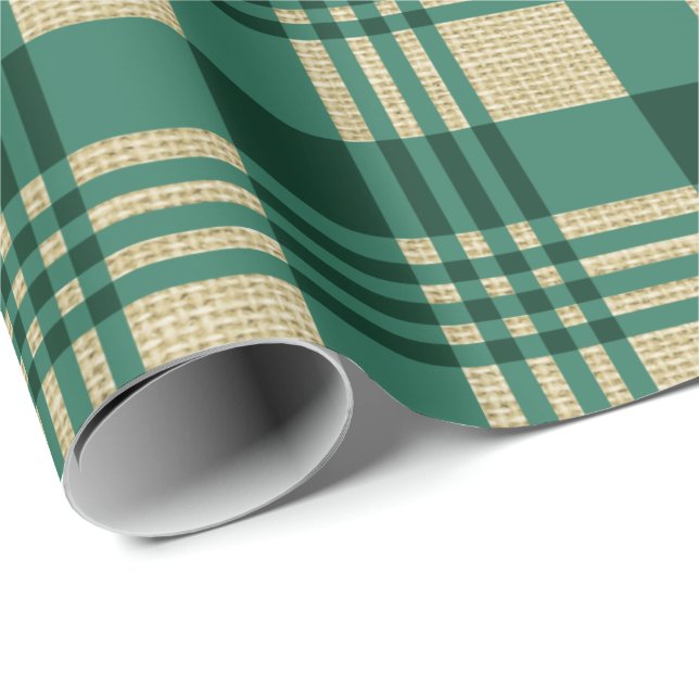 Papier Cadeau Noël de Burlap et de Green Plaid (Coin rond)
