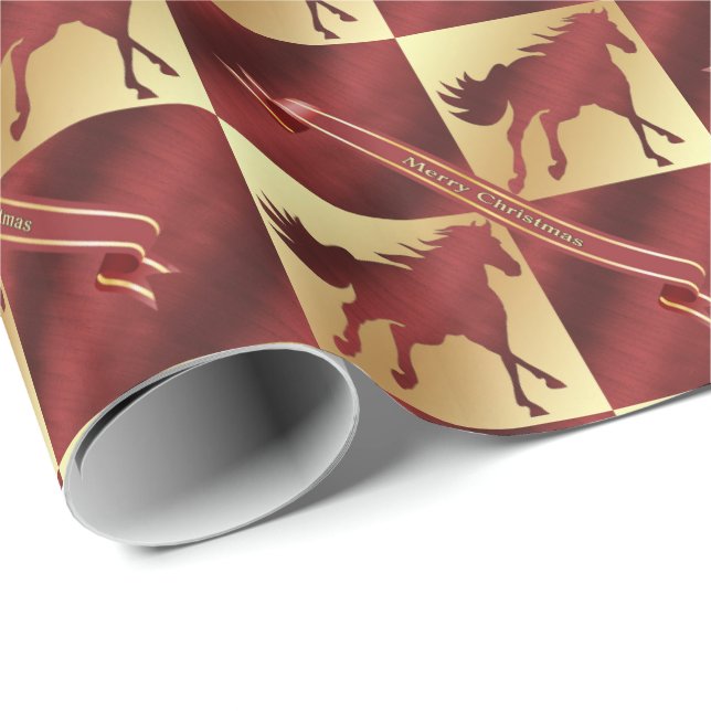 Papier Cadeau Noël de cheval d'or et de vin Joyeux (Coin rond)