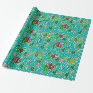 Papier Cadeau Noël de dinosaure turquoise