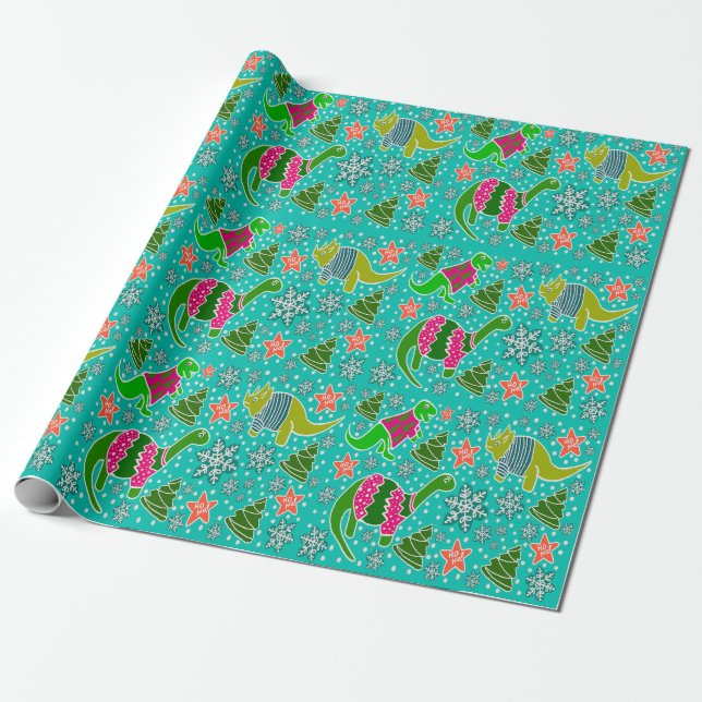 Papier Cadeau Noël de dinosaure turquoise (Déroulé)