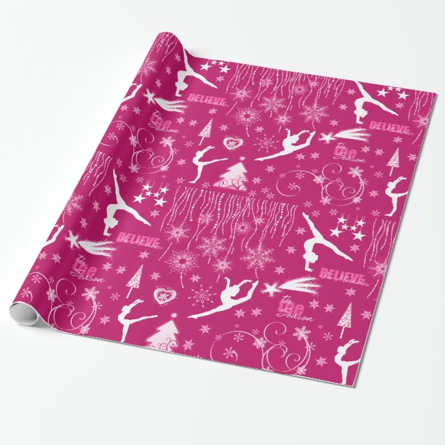 Papier Cadeau Noël de fête rose et blanc riche de gymnastique (Déroulé)