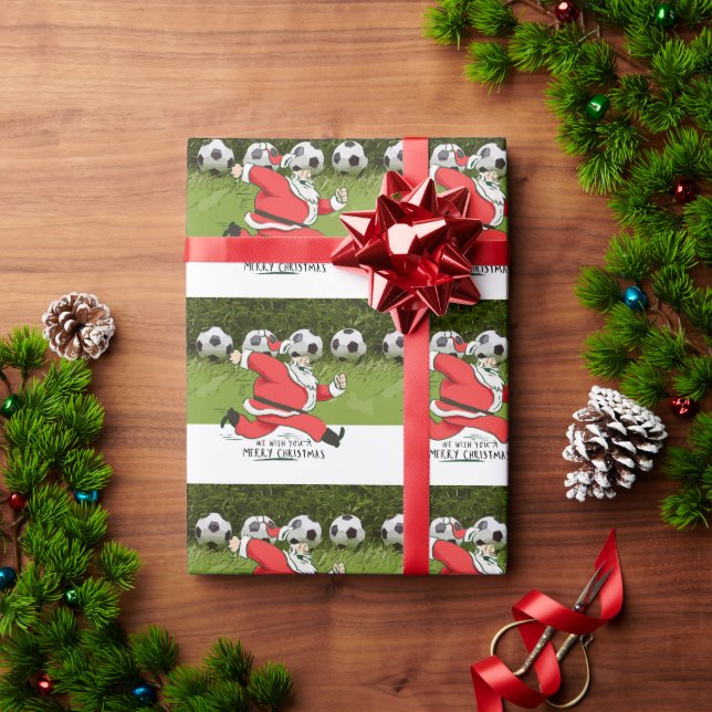 Papier Cadeau Noël de football avec le Père Noël jouant au ballo (Cadeau de vacances)