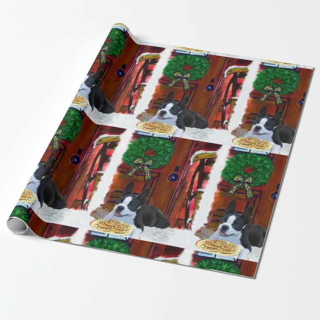 Papier Cadeau Noël de la marionnette de Boston Terrier (Déroulé)