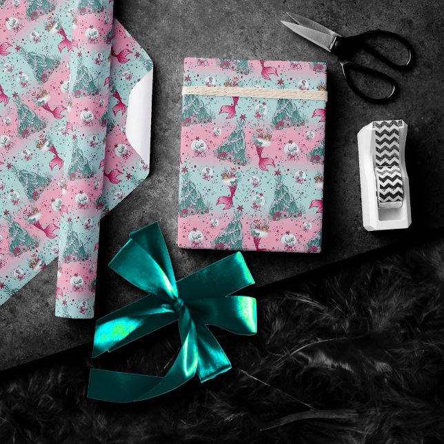 Papier Cadeau Noël de la mère | Bas et arbres Turquoise rose (Créateur téléchargé)