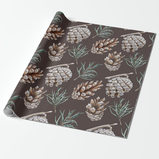 Papier Cadeau Noël de Pinecones d'aquarelle mignonne (Déroulé)