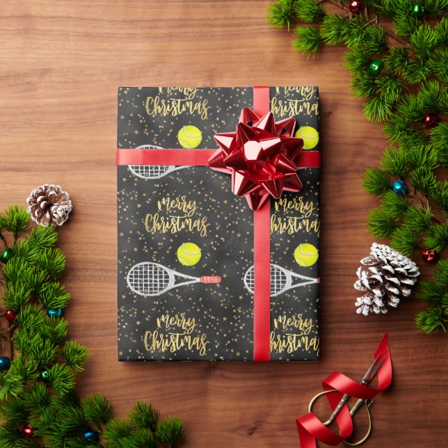 Papier Cadeau Noël de tennis avec raquette et balle (Cadeau de vacances)