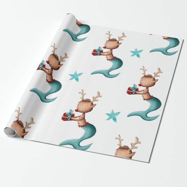 Papier Cadeau Noël des rennes de sirène turquoise et rouge (Déroulé)