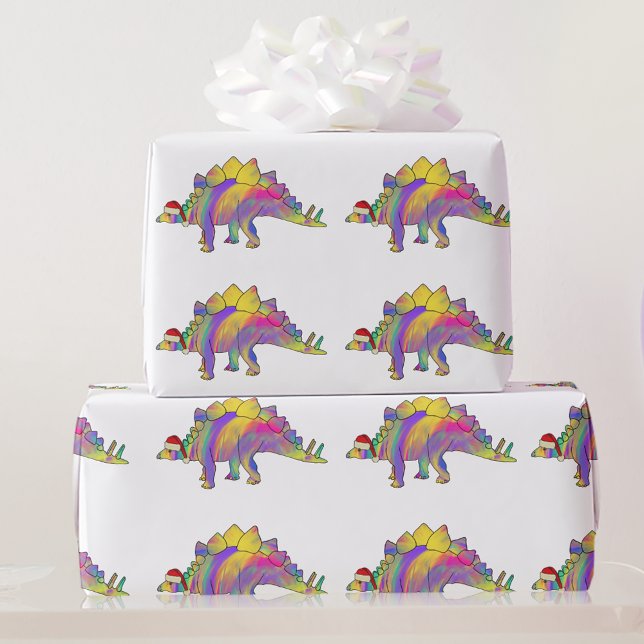 Papier Cadeau Noël Dinosaure coloré mignon (Kids cute stegosaurus dinosaur christmas wrapping Colorful rainbow watercolor festive dino pattern)