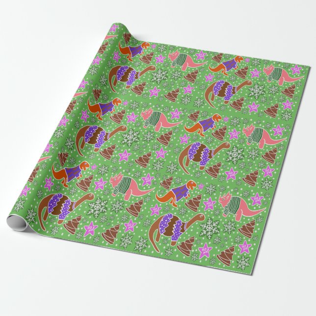 Papier Cadeau Noël Dinosaure Vert (Déroulé)