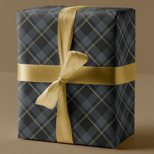 Papier Cadeau Noel doré et vert foncé Tartan Plaid