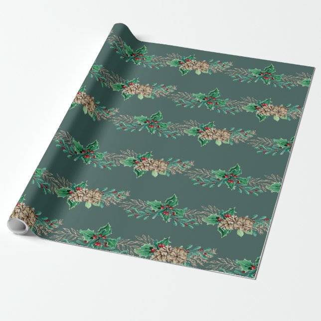 Papier Cadeau Noël Elégant Holly Berry Pine Cone Garland (Déroulé)