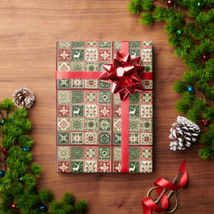 Papier Cadeau Noël en carrés de patchwork rouge et vert vintage