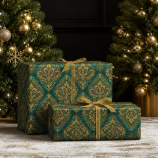 Papier Cadeau Noël en damas émeraude vert et or de luxe