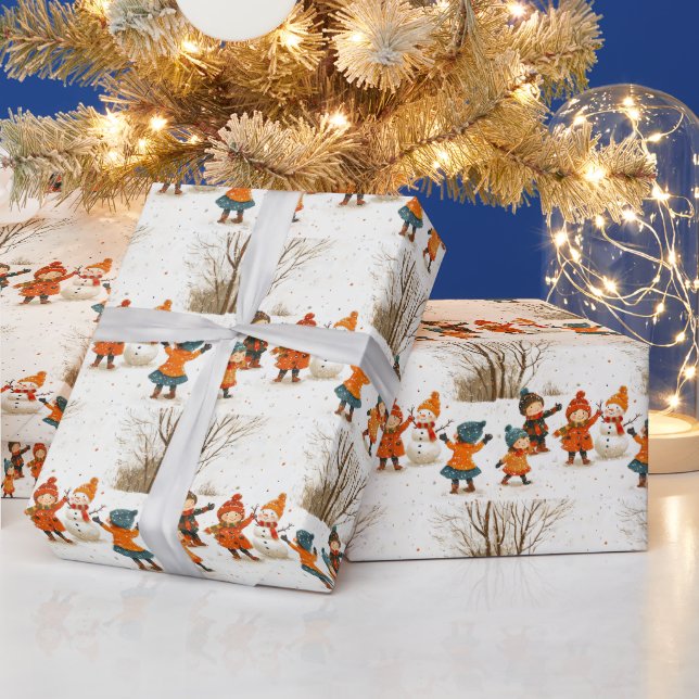 Papier Cadeau Noël,Enfants heureux pendant les fêtes dans la nei (Vacances)