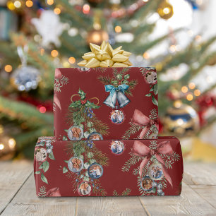 Papier Cadeau Noël Famille Photo Ornements Rouge