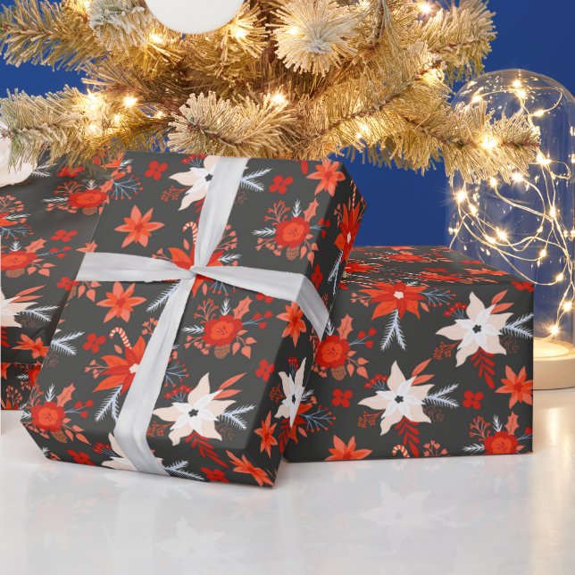 Papier Cadeau Noël Festif hiver Rouge rose floral (Vacances)