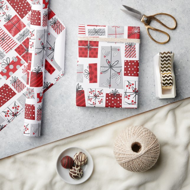 Papier Cadeau Noël Festif Rouge argent moderne Cadeaux (Artisanat)