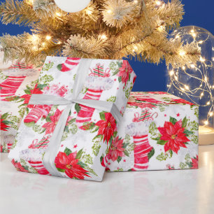 Papier Cadeau Noël Fêtes Rouge Hiver Bas Poinsettia
