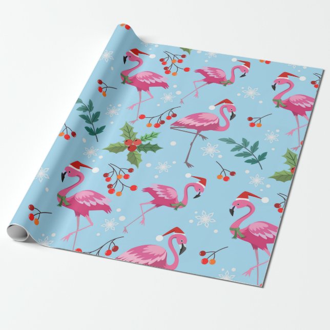 Papier Cadeau Noël Flamants roses roses Red Holly Berries Cadeau (Déroulé)