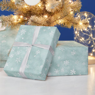 Papier Cadeau Noël Flocons de Neige Bleu Menthe Blanc