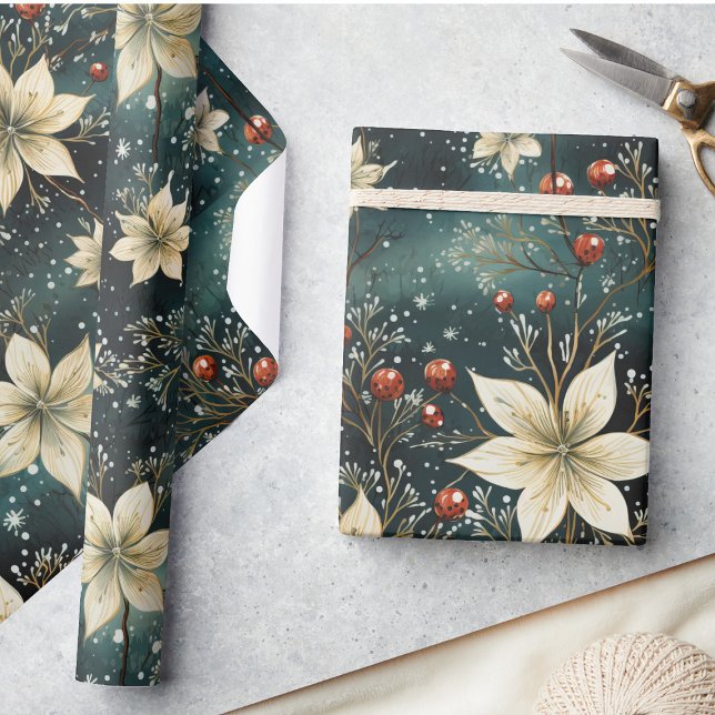 Papier Cadeau Noël Floral Crème d'hiver Poinsettia (Créateur téléchargé)