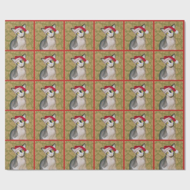 Papier Cadeau Noël floral de Père Noël de chat de Sphynx (Plat)