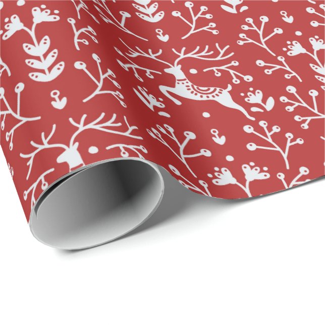 Papier Cadeau Noël floral des rennes blancs rouges scandinaves (Coin rond)