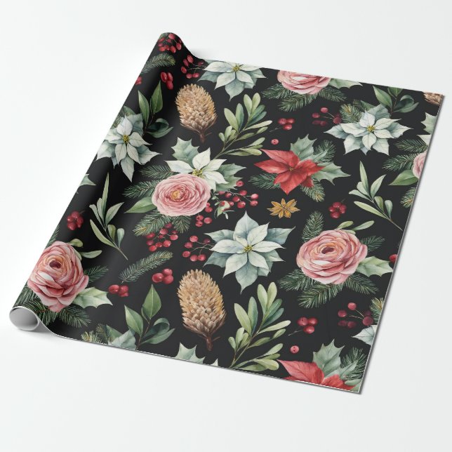 Papier Cadeau Noël floral foncé moderne (Déroulé)