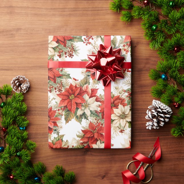 Papier Cadeau Noël Floral Hiver Gros Poinsettias (Cadeau de vacances)