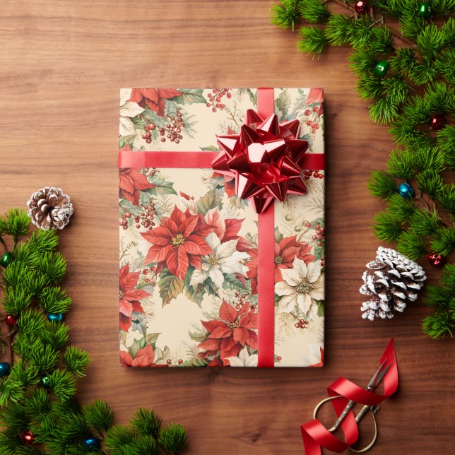 Papier Cadeau Noël Floral Hiver Grosse Poinsettias Crème (Cadeau de vacances)