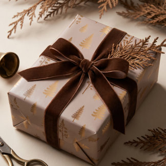 Papier Cadeau Noël Forêt de Pins Dorés Faux Élégants