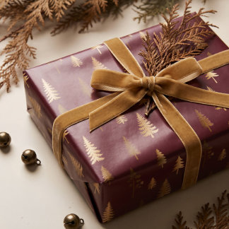 Papier Cadeau Noël Forêt de Pins Dorés Faux Élégants