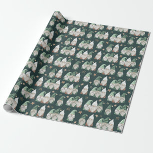 Papier Cadeau Noël Gnomes Vert Or tendance Scandinave
