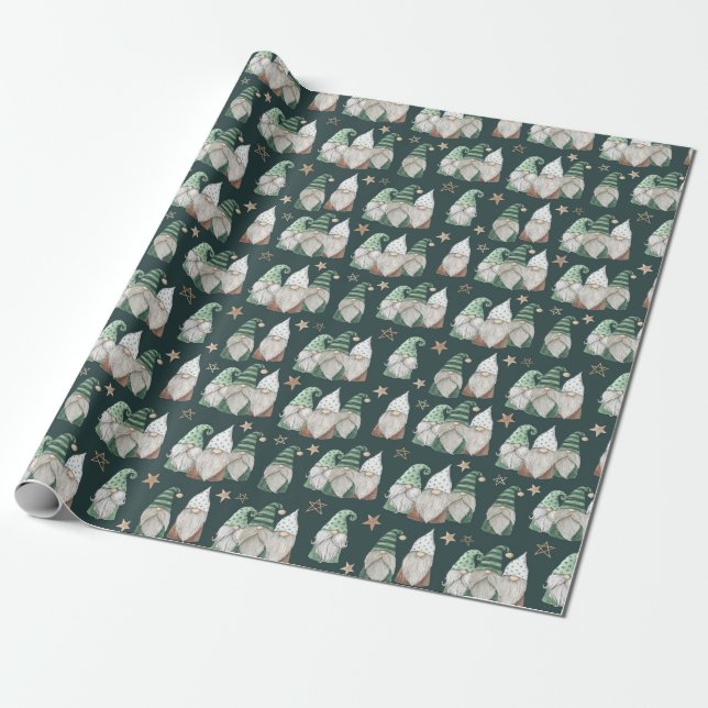 Papier Cadeau Noël Gnomes Vert Or tendance Scandinave (Déroulé)