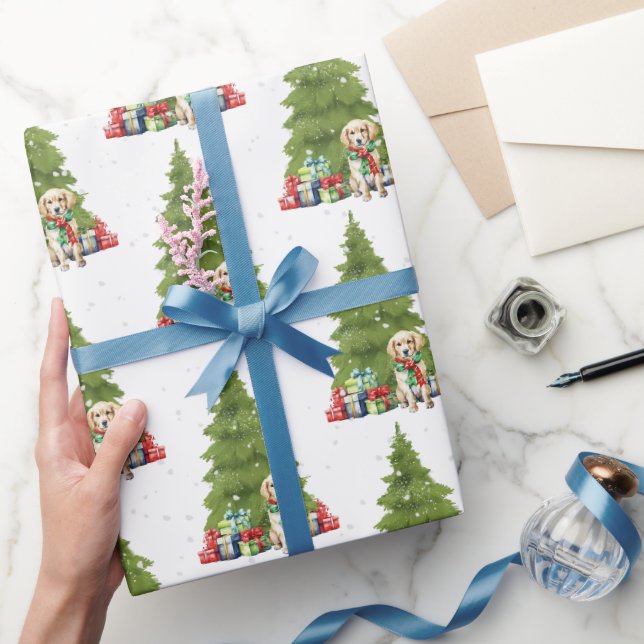 Papier Cadeau Noël Golden Retriever avec des cadeaux (Cadeaux)